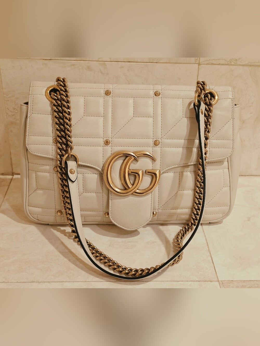 Gucci Marmont Studded White Quilted Shoulder Bag with Gold Hardware